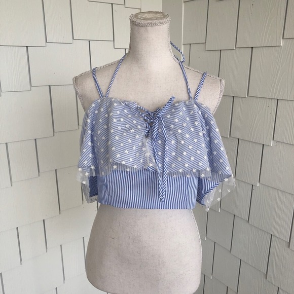 Do + Be Women's Blue/White Striped Floral Tulle Ruffle Neck Halter Crop Top sz M - Picture 1 of 5